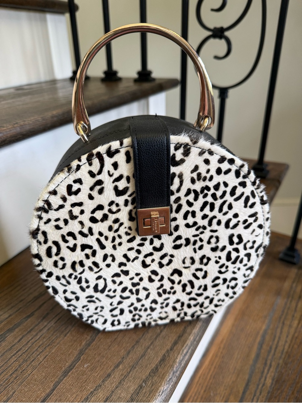 Dune London Calf Hair Leopard Print Round Top-Handle Bag Gold Handbag Purse